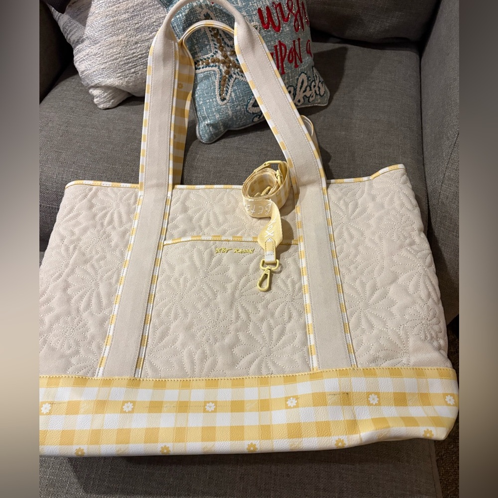 Betsey Johnson Yellow and Cream Tote Bag with Embroidered Design